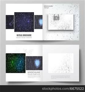 The vector layout of two covers templates for square design bifold brochure, magazine, flyer, booklet. Binary code background. AI, big data, coding or hacker concept, digital technology background.. The vector layout of two covers templates for square design bifold brochure, magazine, flyer, booklet. Binary code background. AI, big data, coding or hacker concept, digital technology background