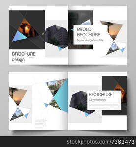 The vector layout of two covers templates for square design bifold brochure, magazine, flyer, booklet. Creative modern background with blue triangles and triangular shapes. Simple design decoration. The vector layout of two covers templates for square design bifold brochure, magazine, flyer, booklet. Creative modern background with blue triangles and triangular shapes. Simple design decoration.