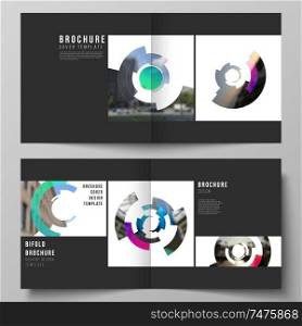The vector layout of two covers templates for square design bifold brochure, magazine, flyer, booklet. Futuristic design circular pattern, circle elements forming geometric frame for photo. The vector layout of two covers templates for square design bifold brochure, magazine, flyer, booklet. Futuristic design circular pattern, circle elements forming geometric frame for photo.
