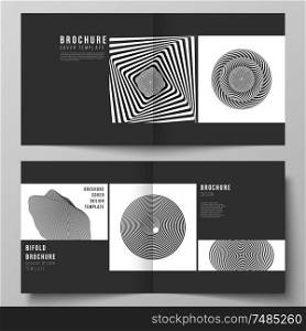 The vector layout of two covers templates for square design bifold brochure, magazine, flyer, booklet. Abstract 3D geometrical background with optical illusion black and white design pattern. The vector layout of two covers templates for square design bifold brochure, magazine, flyer, booklet. Abstract 3D geometrical background with optical illusion black and white design pattern.
