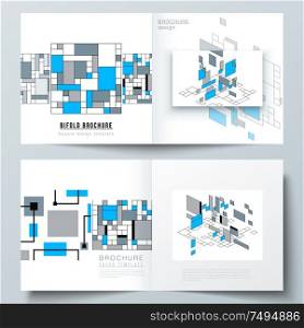 The vector layout of two covers templates for square design bifold brochure, magazine, flyer, booklet. Abstract polygonal background, colorful mosaic pattern, retro bauhaus de stijl design. The vector layout of two covers templates for square design bifold brochure, magazine, flyer, booklet. Abstract polygonal background, colorful mosaic pattern, retro bauhaus de stijl design.