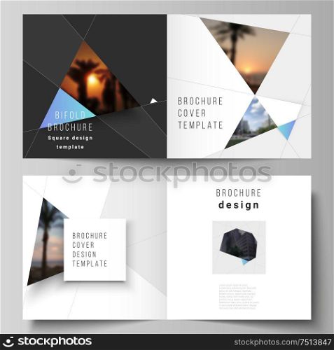 The vector layout of two covers templates for square design bifold brochure, magazine, flyer, booklet. Creative modern background with blue triangles and triangular shapes. Simple design decoration. The vector layout of two covers templates for square design bifold brochure, magazine, flyer, booklet. Creative modern background with blue triangles and triangular shapes. Simple design decoration.