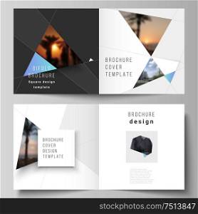 The vector layout of two covers templates for square design bifold brochure, magazine, flyer, booklet. Creative modern background with blue triangles and triangular shapes. Simple design decoration. The vector layout of two covers templates for square design bifold brochure, magazine, flyer, booklet. Creative modern background with blue triangles and triangular shapes. Simple design decoration.