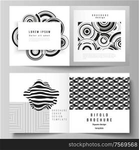 The vector layout of two covers templates for square design bifold brochure, magazine, flyer, booklet. Trendy geometric abstract background in minimalistic flat style with dynamic composition. The vector layout of two covers templates for square design bifold brochure, magazine, flyer, booklet. Trendy geometric abstract background in minimalistic flat style with dynamic composition.