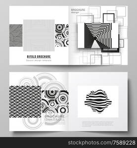 The vector layout of two covers templates for square design bifold brochure, magazine, flyer, booklet. Trendy geometric abstract background in minimalistic flat style with dynamic composition. The vector layout of two covers templates for square design bifold brochure, magazine, flyer, booklet. Trendy geometric abstract background in minimalistic flat style with dynamic composition.