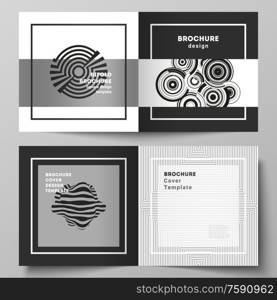 The vector layout of two covers templates for square design bifold brochure, magazine, flyer, booklet. Trendy geometric abstract background in minimalistic flat style with dynamic composition. The vector layout of two covers templates for square design bifold brochure, magazine, flyer, booklet. Trendy geometric abstract background in minimalistic flat style with dynamic composition.