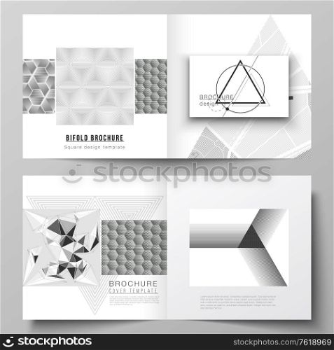 The vector layout of two covers templates for square design bifold brochure, magazine, flyer, booklet. Abstract geometric triangle design background using different triangular style patterns. The vector layout of two covers templates for square design bifold brochure, magazine, flyer, booklet. Abstract geometric triangle design background using different triangular style patterns.