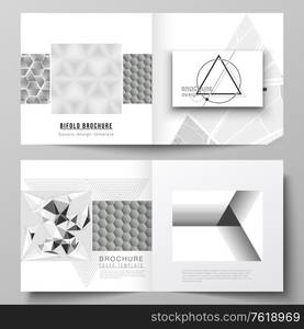 The vector layout of two covers templates for square design bifold brochure, magazine, flyer, booklet. Abstract geometric triangle design background using different triangular style patterns. The vector layout of two covers templates for square design bifold brochure, magazine, flyer, booklet. Abstract geometric triangle design background using different triangular style patterns.