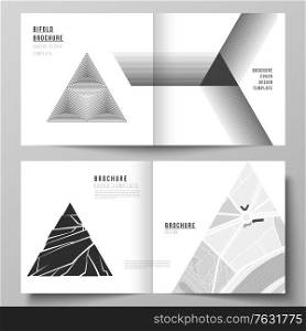 The vector layout of two covers templates for square design bifold brochure, magazine, flyer, booklet. Abstract geometric triangle design background using different triangular style patterns. The vector layout of two covers templates for square design bifold brochure, magazine, flyer, booklet. Abstract geometric triangle design background using different triangular style patterns.