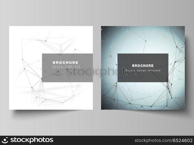 The vector layout of two square format covers design templates for brochure, flyer, magazine. Technology, science, medical concept. Molecule structure, connecting lines and dots. Futuristic background. The vector layout of two square format covers design templates for brochure, flyer, magazine. Technology, science, medical concept. Molecule structure, connecting lines and dots. Futuristic background.