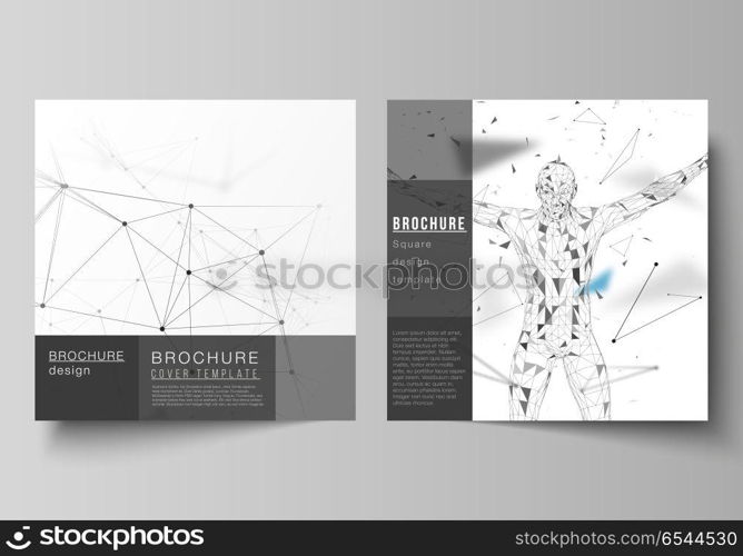 The vector layout of two square format covers design templates for brochure, flyer, magazine. Technology, science, medical concept. Molecule structure, connecting lines and dots. Futuristic background. The vector layout of two square format covers design templates for brochure, flyer, magazine. Technology, science, medical concept. Molecule structure, connecting lines and dots. Futuristic background.