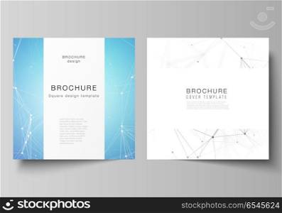 The vector layout of two square format covers design templates for brochure, flyer, magazine. Technology, science, medical concept. Molecule structure, connecting lines and dots. Futuristic background. The vector layout of two square format covers design templates for brochure, flyer, magazine. Technology, science, medical concept. Molecule structure, connecting lines and dots. Futuristic background.