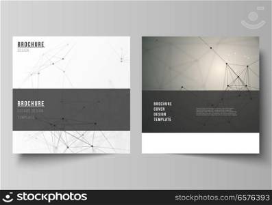 The vector layout of two square format covers design templates for brochure, flyer, magazine. Technology, science, medical concept. Molecule structure, connecting lines and dots. Futuristic background.. The vector layout of two square format covers design templates for brochure, flyer, magazine. Technology, science, medical concept. Molecule structure, connecting lines and dots. Futuristic background