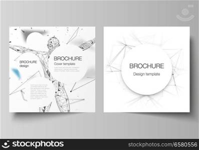 The vector layout of two square format covers design templates for brochure, flyer, magazine. Technology, science, medical concept. Molecule structure, connecting lines and dots. Futuristic background.. The vector layout of two square format covers design templates for brochure, flyer, magazine. Technology, science, medical concept. Molecule structure, connecting lines and dots. Futuristic background