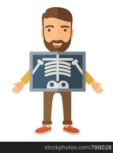 The view of man is holding a X-ray picture. A Contemporary style. Vector flat design illustration isolated white background. Vertical layout. The view of man is holding a X-ray picture