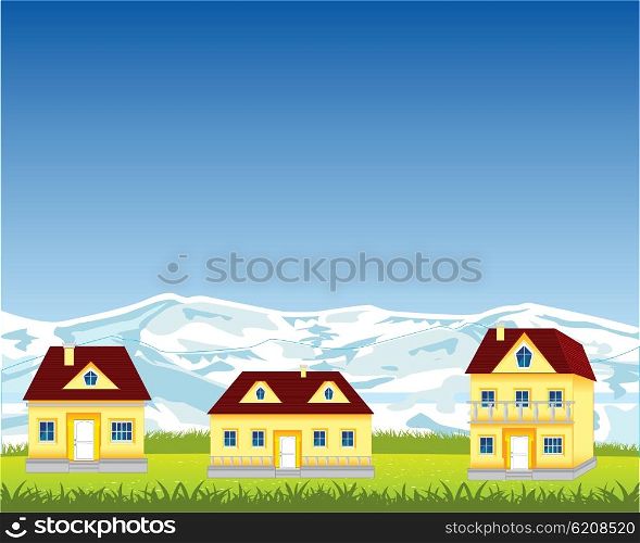 The Village beside foots of the snow mountains.Vector illustration. Village on glade