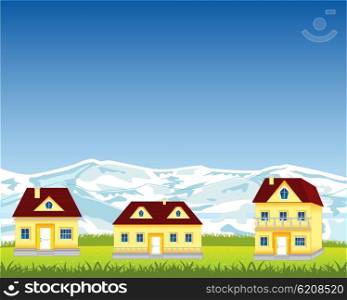The Village beside foots of the snow mountains.Vector illustration. Village on glade