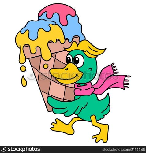 the walking duck carrying a large ice cream