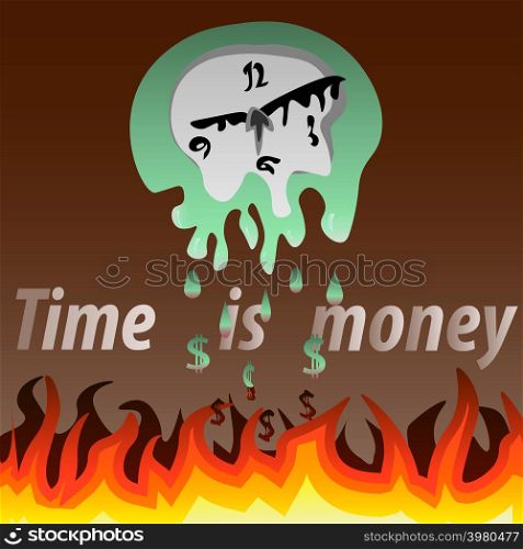 The wall clock melts under the flames. The green clock and hands are melting under fire and dropping downwards, which turn into money.