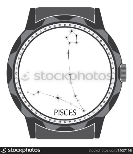 The watch dial with the zodiac sign Pisces. Vector