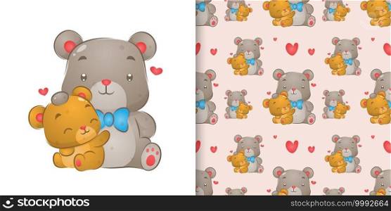The watercolor drawing of bear touching little bear s head in the pattern set
