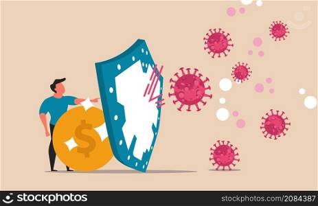 The wave of coronavirus and the protection and health business with a shield. Man protects investments from a pandemic vector illustration. Fight and help for businessman and immunity for virus