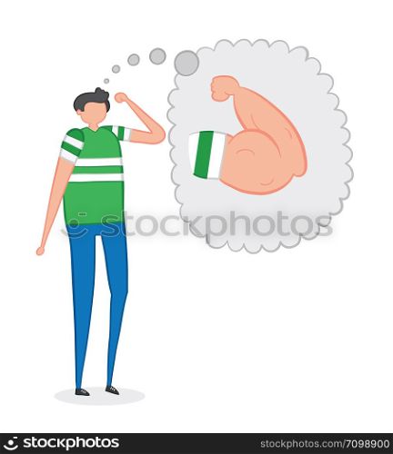 The weak man dreams of having muscular arms, hand-drawn vector illustration. Color outlines and colored.