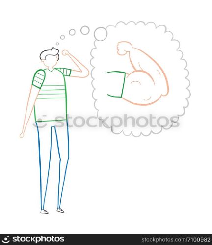 The weak man dreams of having muscular arms, hand-drawn vector illustration. Color outlines and white background.
