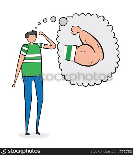 The weak man dreams of having muscular arms, hand-drawn vector illustration. Black outlines and colored.