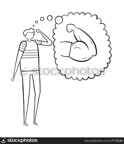 The weak man dreams of having muscular arms, hand-drawn vector illustration. Black outlines and white.