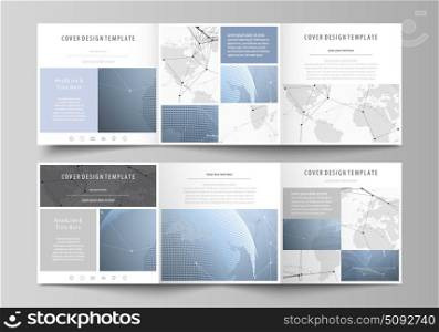 The white colored minimalistic vector illustration of the editable layout. Two creative covers design templates for square brochure. World globe on blue. Global network connections, lines and dots.. The white colored minimalistic vector illustration of the editable layout. Two creative covers design templates for square brochure. World globe on blue. Global network connections, lines and dots