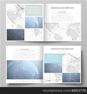 The white colored vector illustration of the editable layout of two covers templates for square design brochure, flyer, booklet. World globe on blue. Global network connections, lines and dots.. The white colored vector illustration of the editable layout of two covers templates for square design brochure, flyer, booklet. World globe on blue. Global network connections, lines and dots
