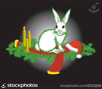 The white hare with a contour fur-tree needles congratulates on Christmas