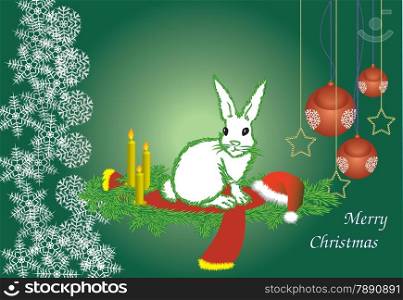 The white hare with a contour fur-tree needles congratulates on Christmas