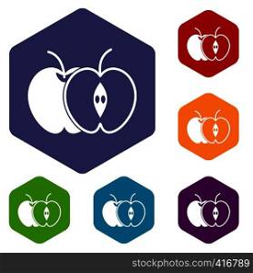The whole apple and half icons set rhombus in different colors isolated on white background. The whole apple and half icons set