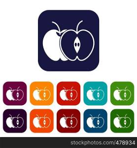 The whole apple and half icons set vector illustration in flat style in colors red, blue, green, and other. The whole apple and half icons set
