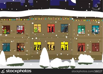 The windows of an apartment house in the evening of Christmas or New Year. People celebrate and make merry. Flat cartoon vector illustration
