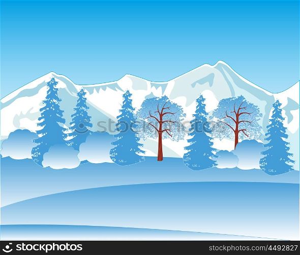 The Winter landscape with mountain and wood.Vector illustration. Winter landscape with mountain and wood