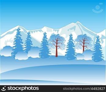 The Winter landscape with mountain and wood.Vector illustration. Winter landscape with mountain and wood