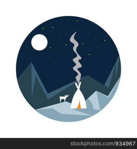 The winter scenery with few mountains and planks of wood on fire emitting smoke and a reindeer stands on the land covered with snow at night looks wonderful, vector, color drawing or illustration.