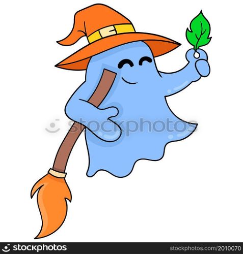 the witch ghost brings a broom to clean the autumn leaves