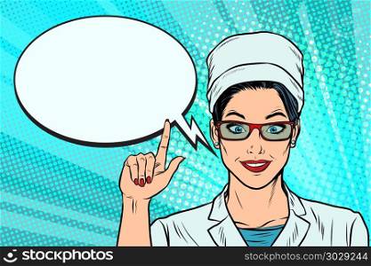 The woman doctor says or recommends, a comic book bubble. The woman doctor says or recommends, a comic book bubble. Pop art retro vector illustration cartoon comics kitsch drawing. The woman doctor says or recommends, a comic book bubble