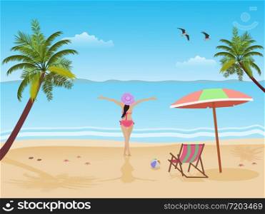 The woman in bikini stands happily with his hands at the seaside. There are coconut trees and blue skies in the background.