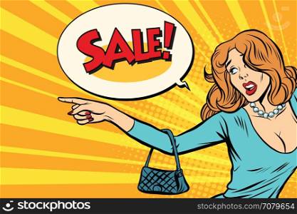 The woman indicates sales. Pop art retro vector illustration. The woman indicates sales