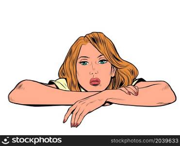 the woman is lying with her head on her hands, looking straight. Pop art retro vector illustration kitsch vintage 50s 60s style. the woman is lying with her head on her hands, looking straight