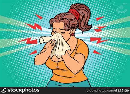 The woman is sick, runny nose and handkerchief. Comic book illustration pop art retro color vector. The woman is sick, runny nose and handkerchief
