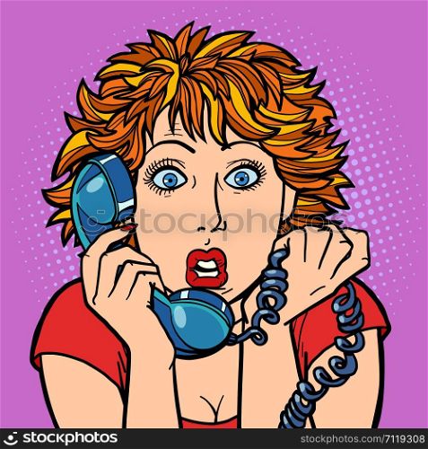 the woman is surprised. human emotions. telephone conversation. Comic cartoon pop art retro vector illustration drawing. the woman is surprised. human emotions. telephone conversation
