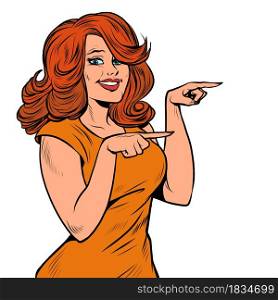 The woman points with her finger. A presentation gesture. Beautiful girl. Pop Art Retro Illustration Kitsch Vintage 50s 60s Style. The woman points with her finger. A presentation gesture. Beautiful girl