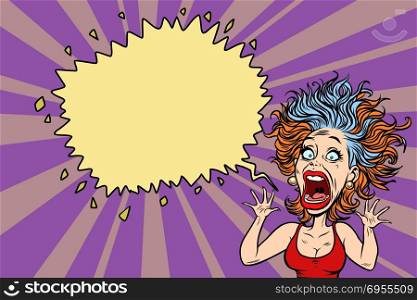 The woman screams in horror. Comic book cartoon pop art illustration retro drawing. The woman screams in horror