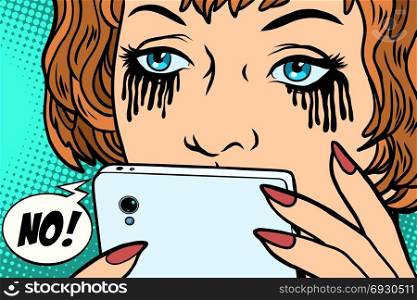 The woman was crying, mascara running. Phone message bad. Comic book cartoon pop art retro color illustration drawing. The woman was crying, mascara running. Phone message bad